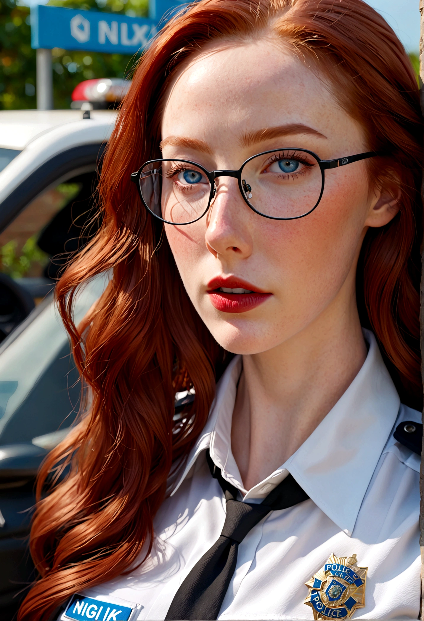 a sexy girl, very long red hair, with glasses, sky blue eyes, perfect imagen, work of art, perfect hands, correct anatomy, black sexy police woman uniform, red lipstick, ultra detailed, high definition, 1girl, downblouse, Nikon, Canon, from above, blurry foreground, close-up, from above, ray tracing, backlighting, reflection light, high quality, 8k, 16k, 8k, highres, best quality, award winning, high quality, high details, super detail, textured skin, anatomically correct, masterpiece, 16k, 8k, 4K, highres, best quality, award winning, high quality, high details, super detail, textured skin, anatomically correct, 16k, highres, best quality, award winning, high quality, high details, textured skin, super detail, anatomically correct, masterpiece