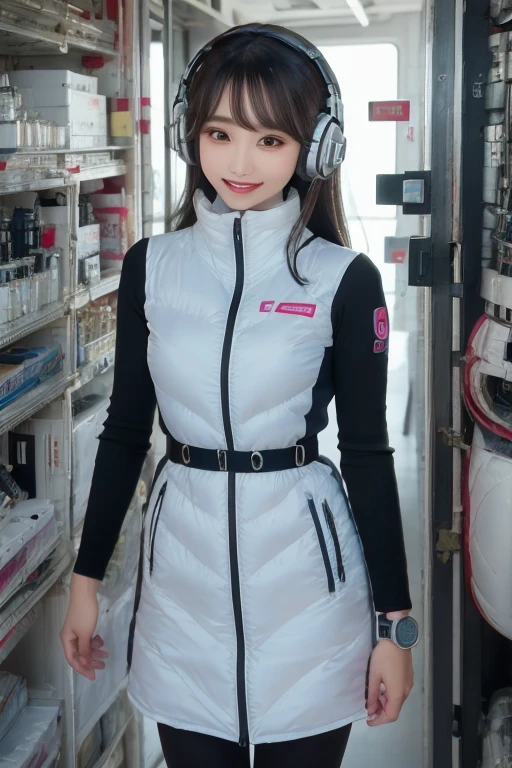 masterpiece, Highest quality, Very detailed, 8K Portrait,Japanese Android Girl,plump , Control panel,Robotic arms and legs, Blunt bangs,,break (Metallic Gray, Metallic luster, Mirror finish, Astro Best):5,headphone:5,break (Black sleeves):100,Smart Watches,Futuristic space station,Control Room,break headphone,blue eyes,(Black Hair):2,(Long Hair):1.3,Displaying the viewer,(respirator),break blush:3,Hidden Hand,smile