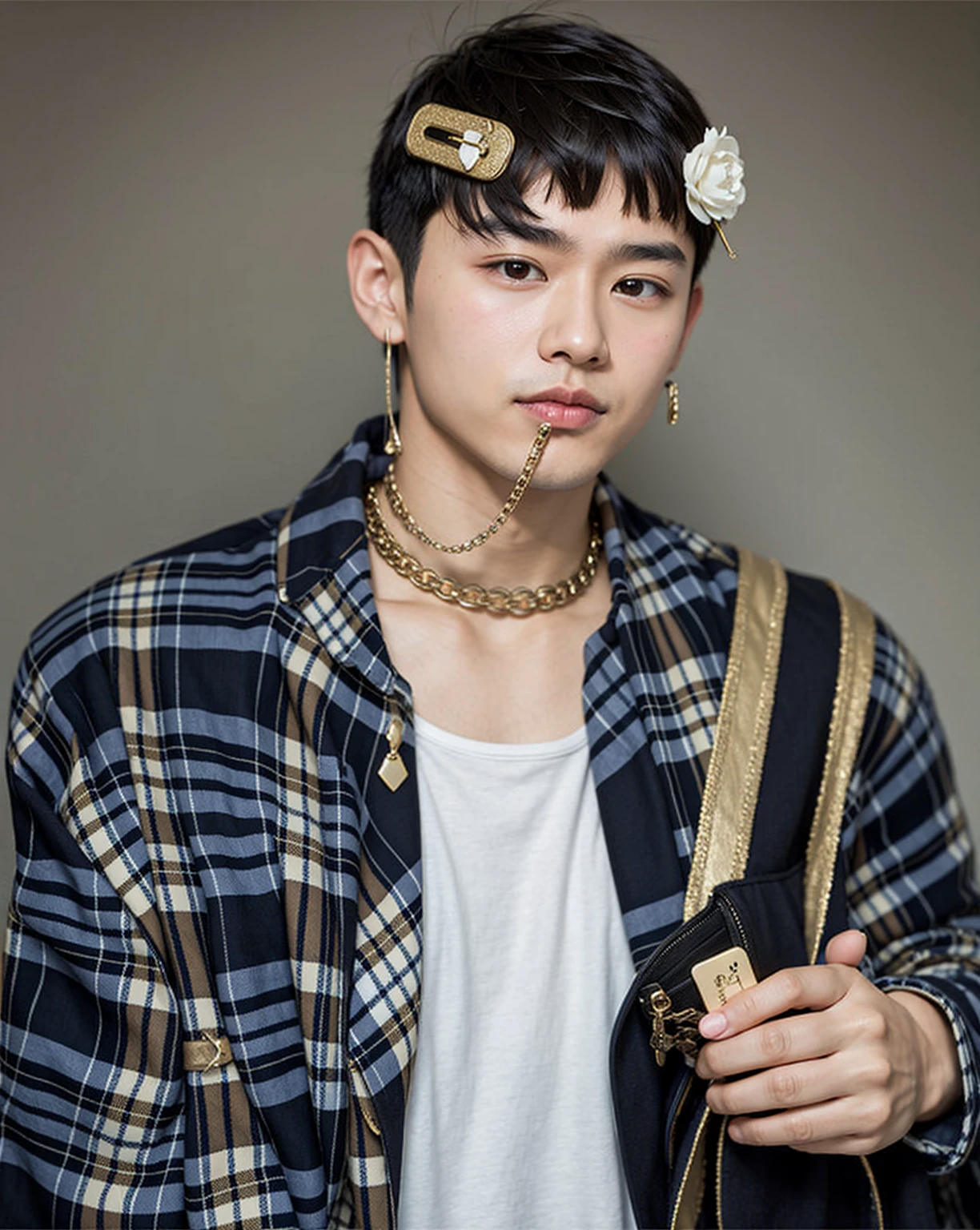 Asian boy, good lighting, smooth hair, glossy skin, blur background, high quality, 8k resolution, hairpin, necklace, holding bag