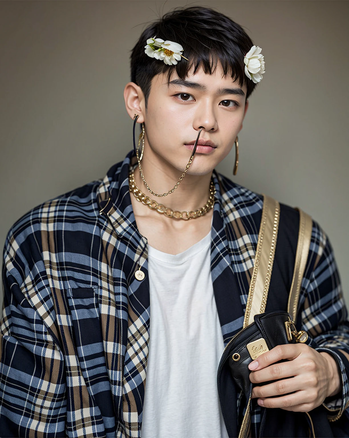 Asian boy, good lighting, smooth hair, glossy skin, blur background, high quality, 8k resolution, hairpin, necklace, holding bag