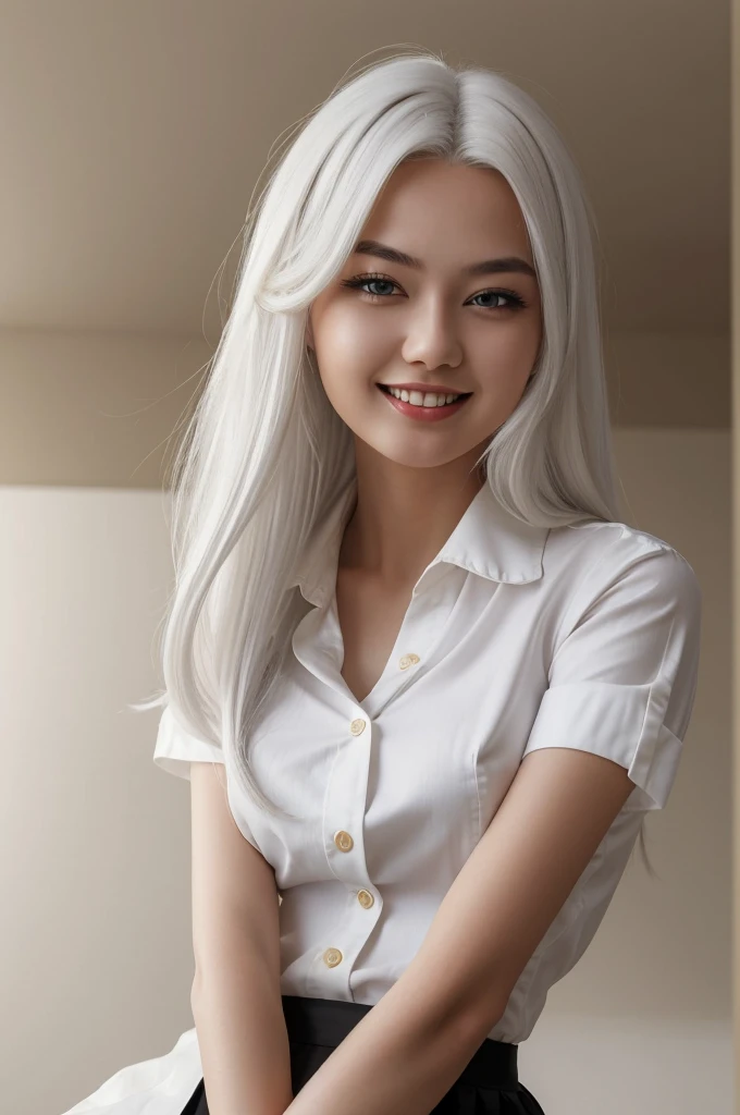 ((masterpiece, best quality)), (1girl), (solo), (female focus), (ahoge, white hair, very long hair), gold eyes, light smile, open mouth, ((white shirt), (buttoned shirt), (button gap)), ((black skirt), (short skirt)), standing, white background, arms behind back, dynamic angle, pyjama