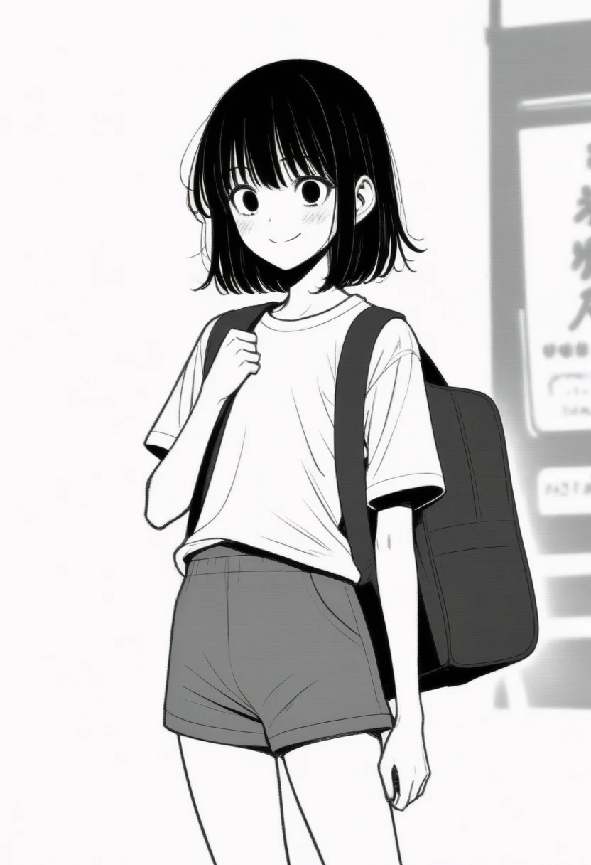 masterpiece, best quality, 1girl, mamerakkkkko, grayscale, manga style, japanese, chi no wadachi, black eyes, street, iced, black hair, schoolbag, smile, lineart, white background, white shirt, grey shorts, centered, 18 years old, tall, fair skinned