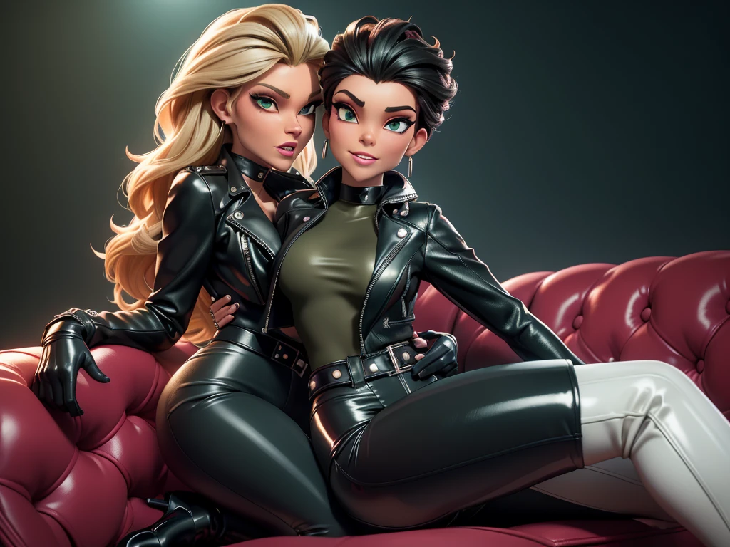 obra prima, melhor qualidade, ((megyn kelly, aunt cass,)) head back, sassy wicked girl, open mouth, big teeth smile, thick smoky black eye shadow, long fake eyelashes, sultry eyes, ((metallic brick red leather biker jacket,)) ((biker jacket has puff shoulders,)) biker jacket has stiff collar, leather blouse, ((green pvc skinny pants,)) studs zippers snaps, shiny leather gloves, nip slip, body is skinny, laying down hugging each other on sofa, shiny tight buttocks, kama sutra, explicit rubbing, arched back, camera view of whole body, looking up at me, shallow depth of field, highres, HD, 8k, anatomically correct