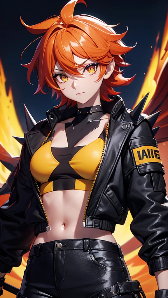 solo, 1girl, (masterpiece), ((16 year old appearance)), fire hair, short hair, ahoje, spiky hair, small breasts, yellow eyes, ((detailed eyes)), (strong body), (simple black cropped), Black jacket with red details, Looking at the screen, orange lipstick, (blurry background), flame effec, visible stomach, oversized black cargo pants, navel, (collarbone)