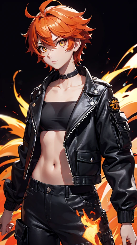 solo, 1girl, (masterpiece), ((16 year old appearance)), fire hair, short hair, ahoje, spiky hair, small breasts, yellow eyes, ((detailed eyes)), (strong body), (simple black cropped), Black jacket with red details, Looking at the screen, orange lipstick, (blurry background), flame effec, visible stomach, oversized black cargo pants, navel, (collarbone)
