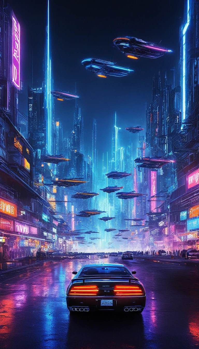 night time, futuristic night illustration, flying cars of all colors, (hovering_car:1.5),, cyberpunk skyline, hovering traffic jam