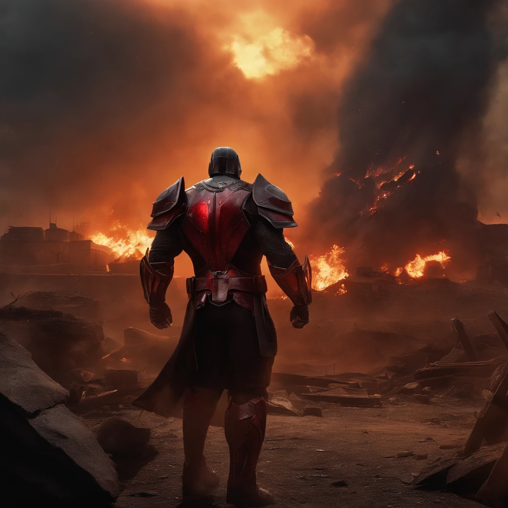 The scene unfolds on a destroyed battlefield, where debris from buildings and vehicles are scattered around. In the center of the image is Onslaught, an imposing and menacing figure, com uma armadura negra e vermelha que brilha com uma intensidade sinistra. Its size is imposing, with powerful muscles visible beneath the armor.

Os olhos de Onslaught brilham com um brilho vermelho intenso, standing out in contrast to the surrounding darkness. In your right hand, it holds a pulsating psychic energy, ready to be launched against your opponents. His face is partially obscured by the shadow of his armor, adding an air of mystery and menace.

Ao fundo, the destroyed scenery adds context to the epic battle that took place. Ruins of collapsed buildings and flames in the distance paint a picture of chaos and devastation. The sky has shades of orange and red, indicating a dramatic sunset that partially illuminates Onslaught&#39;s figure, highlighting your imposing and dominant presence on the battlefield.

This image conveys Onslaught&#39;s formidable strength and imposing presence against a backdrop of war and destruction., capturing his essence as one of the most powerful antagonists in the Marvel universe.