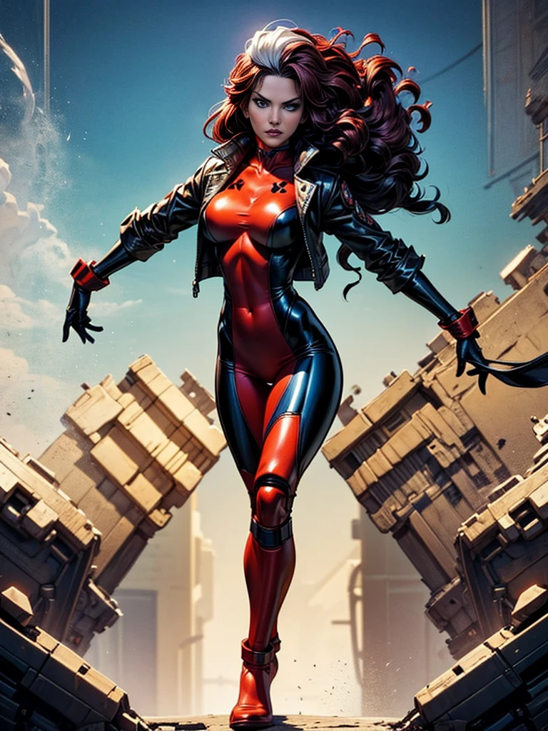 Halle Berry、masterpiece、High quality 4K、villain (X-Men)、Gothic Girl、Sculpted Body Gothic Makeup、Black jacket、Red and blue bodysuit、masterpiece、Highest quality、Cowboy Shots、One personの女の子、One person、Technology Military Bodysuit、fringe