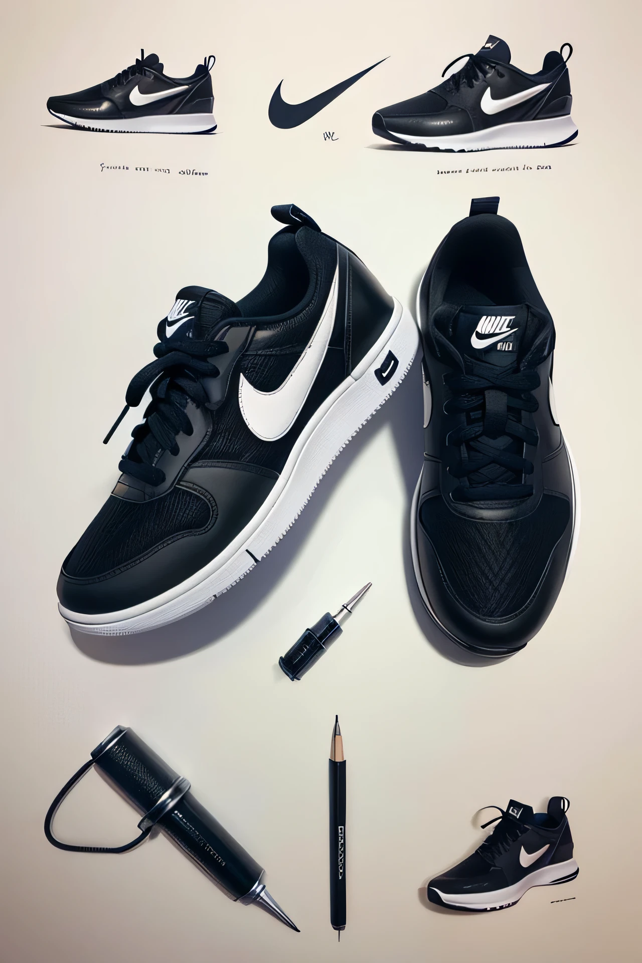 Nike sneaker drawings and sketches, ideas popping up in thought bubbles.