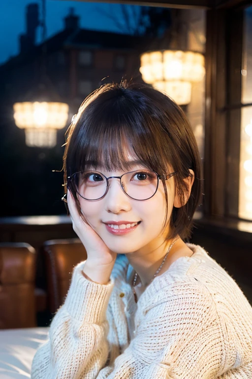 Japan girls in casual clothes in a hotel room at night, watching the viewer, (highest quality, masterpiece))), high resolution, very detail, masterpiece, cinematic lighting, (8K, highest quality, masterpiece: 1.2), (realistic, photorealistic: 1.37) Hi-Res, Super Detail, 1 Girl , Woman with glasses, Thin Frame Round Glasses, Light Color Glasses Frame, Asian, Cute, cute face, solo, short hair 1.2, textured skin, beautiful smile, beautiful detailed sky, detailed café, night, movie lighting, depth of field, lens flare light, sitting in bed, dating, (blushing nose), (smile: 1.15), small breasts (mouth closed), eyes with beautiful details, (sweater: 1.1), night, (short hair: 1.2), floating hair Novafrog style,