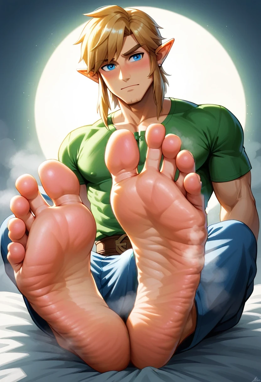 Link from Zelda games, detailed feet, foot fetish, soles, toes, beautiful face, wrinkled soles, male feet, stinky feet, stink steam, blond hairs , beautiful blue eyes, big penis shape under clothes, sexy male character . Masterpiece, 4k, ultra detailed soles, ultra detailed face, beautiful hair, two feet, fives toes. plains background. UHD