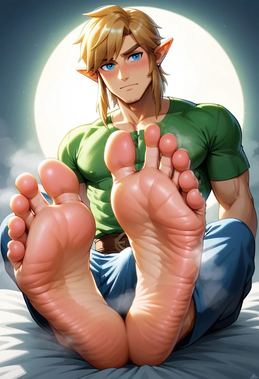 Link from Zelda games, detailed feet, foot fetish, soles, toes, beautiful face, wrinkled soles, male feet, stinky feet, stink steam, blond hairs , beautiful blue eyes, big penis shape under clothes, sexy male character . Masterpiece, 4k, ultra detailed soles, ultra detailed face, beautiful hair, two feet, fives toes. plains background. UHD