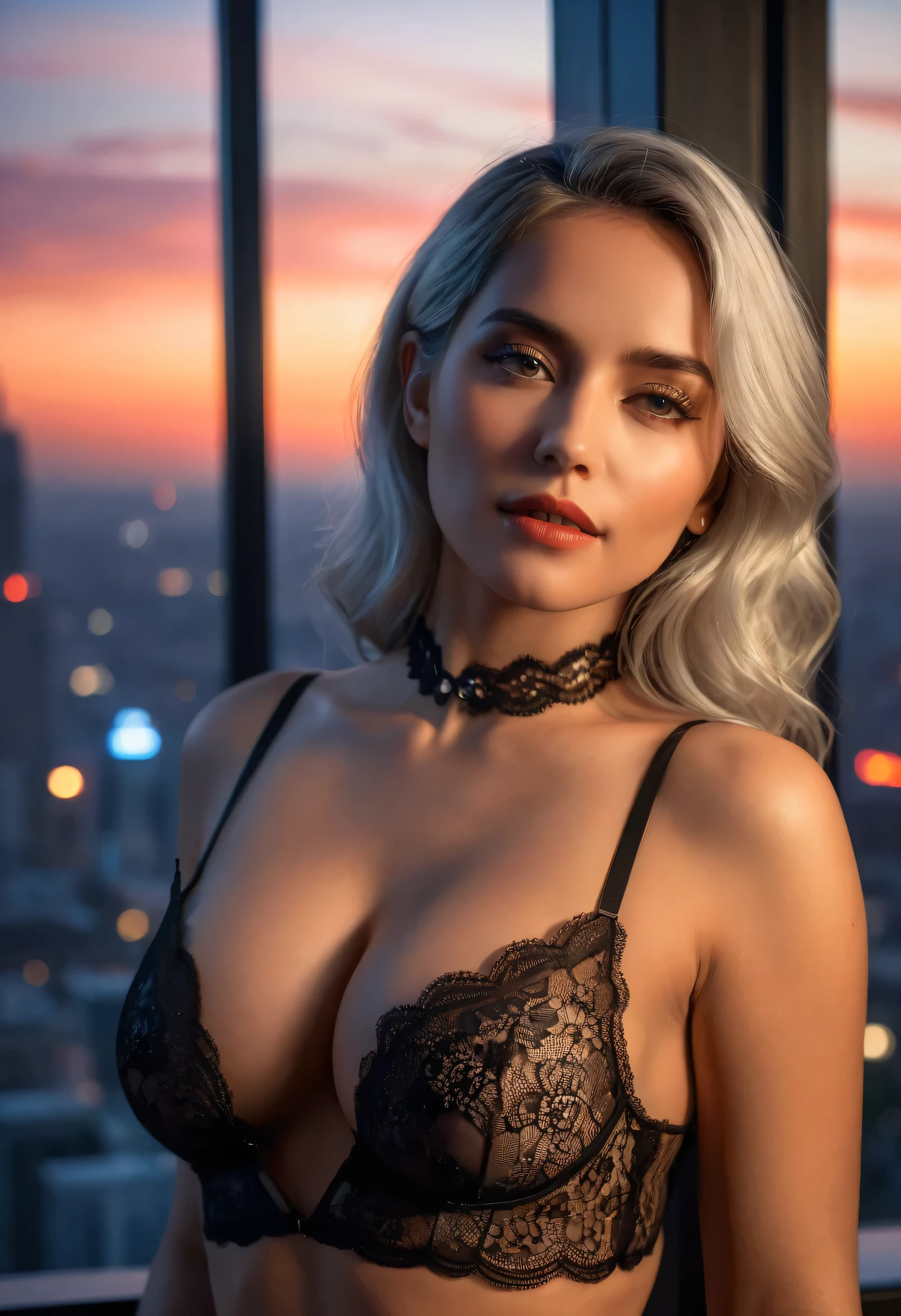 (best quality,4k,8k,highres,masterpiece:1.2),ultra-detailed,(Ultra-realistic, photorealistic,photo-realistic:1.37),a beautiful woman in a high-rise apartment, looking out the window at the night city skyline, 
her cyan eyes and bright gray hair framed by the city lights, a serene expression on her detailed, expressive face, 
wearing black lace lingerie. platinum blonde hair.
dramatic lighting, (best quality,4k,8k,highres,masterpiece:1.2),ultra-detailed,(realistic,photorealistic,photo-realistic:1.37),
portrait,cityscape,interior,window,city lights,highlights,dramatic lighting,cinematic
Deep Orange glow, red sunset, large breasts, sexy, sseductive, desirable, erotic,nsfw, lace choker. beautiful face. touching breast