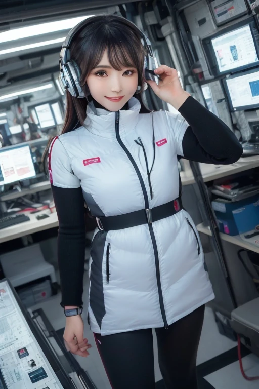 masterpiece, Highest quality, Very detailed, 8K Portrait,Japanese Android Girl,plump , Control panel,Robotic arms and legs, Blunt bangs,,break (Metallic Gray, Metallic luster, Mirror finish, Astro Best):5,headphone:5,break (Black sleeves):100,Smart Watches,Futuristic space station,Control Room,break headphone,blue eyes,(Black Hair):2,(Long Hair):1.3,Displaying the viewer,(respirator),break blush:3,Hidden Hand,smile