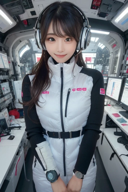 masterpiece, Highest quality, Very detailed, 8K Portrait,Japanese Android Girl,plump , Control panel,Robotic arms and legs, Blunt bangs,,break (Metallic Gray, Metallic luster, Mirror finish, Astro Best):5,headphone:5,break (Black sleeves):100,Smart Watches,Futuristic space station,Control Room,break headphone,blue eyes,(Black Hair):2,(Long Hair):1.3,Displaying the viewer,(respirator),break blush:3,Hidden Hand,smile