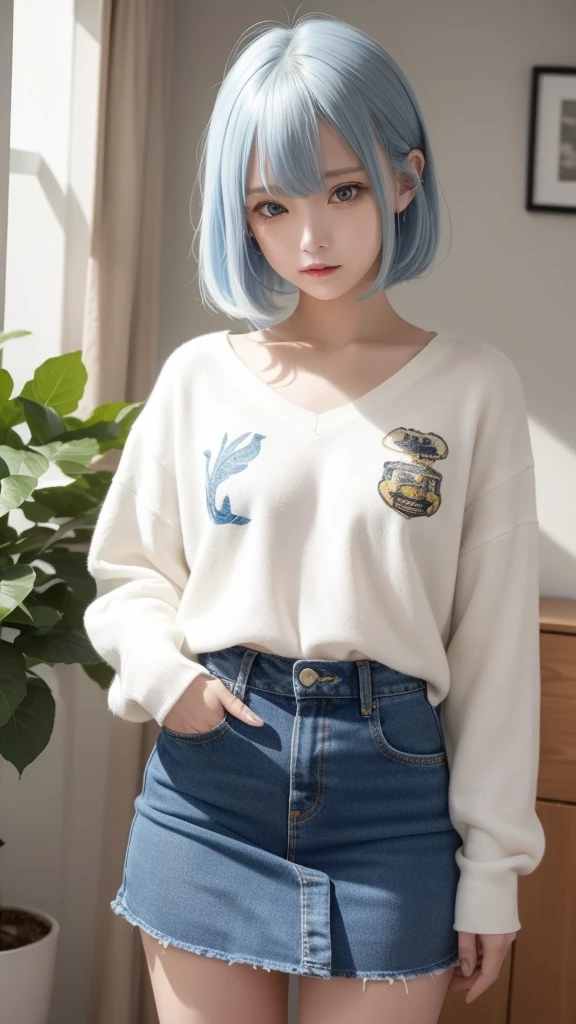 masterpiece, best quality, highly detailed,1girl,indoors, adult, split-color hair, yellow and Blue hair, Narrow, sharp eyes、, clothes, blue eyes、From head to toe、mini skirt、