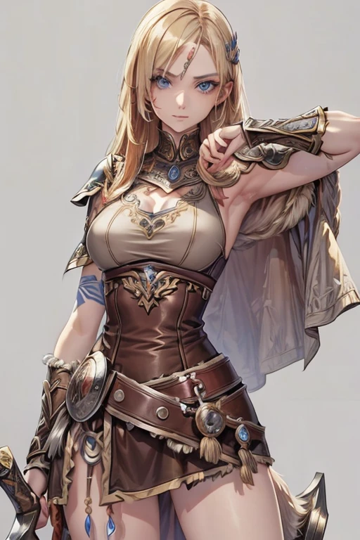 beautiful woman, long blonde hair, scar on her left arm, beautiful and detailed face, holding sword in her left arm.