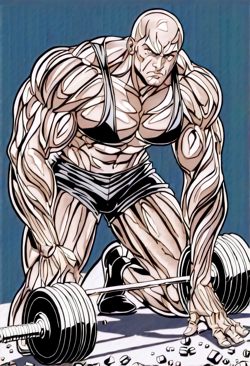 Un homme qui lutte pour soulever une haltère minuscule :Un bodybuilder musclé, torse nu, concentrates intensely on an exercise.
Ses muscles sont tellement tendus que la peau de son bras droit commence à craquer.
Dans un effort titanesque, 
Le bodybuilder, surprised and shocked, loses control of dumbbells, qui s'écrasent sur le sol avec un bruit assourdissant.
L'impact déclenche une réaction en chaîne, faisant tomber des machines de musculation en domino dans toute la salle.
Les clients paniqués s'enfuient dans toutes les directions, essayant d'éviter les haltères et les machines qui tombent.
Un distributeur de boissons énergisantes est renversé par la commotion, and cans spill on the floor, spreading their sweet and sticky contents.
Au milieu du chaos, le bodybuilder se tient debout, a tattered arm and the expression of someone completely overwhelmed.