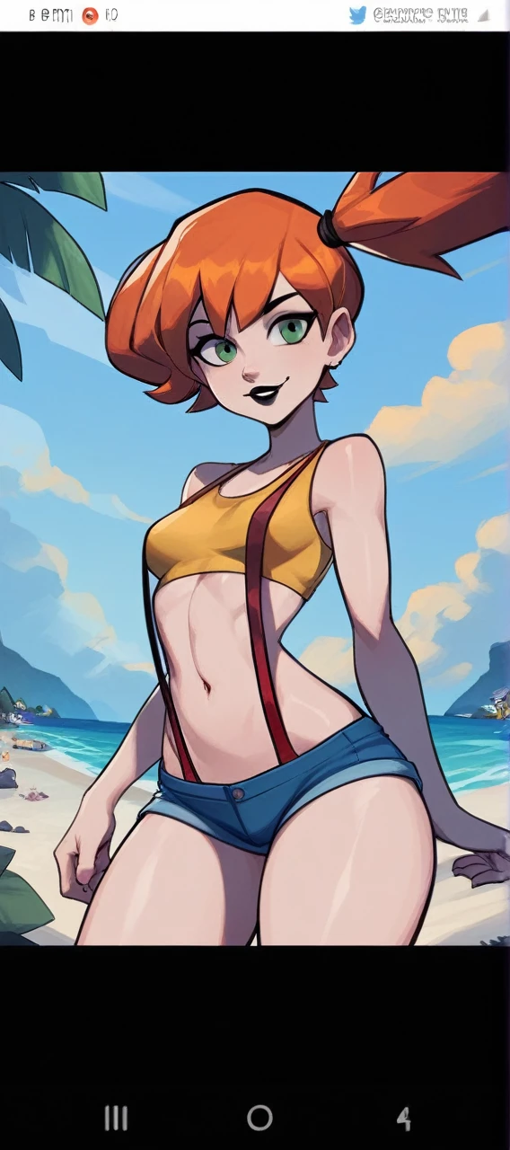 score_9_up,score_8_up,score_6,score_5,score_4,1girl,source_cartoon,gwen_tennyson,ben_10,green_eyes,orange_hair,amazing composition,incredible lighting,smiling,detailed background,shiny skin,outdoors,beach,ocean,palm tree,black lipstick,team rocket uniform,white skirt,white sleeveless shirt,midriff,