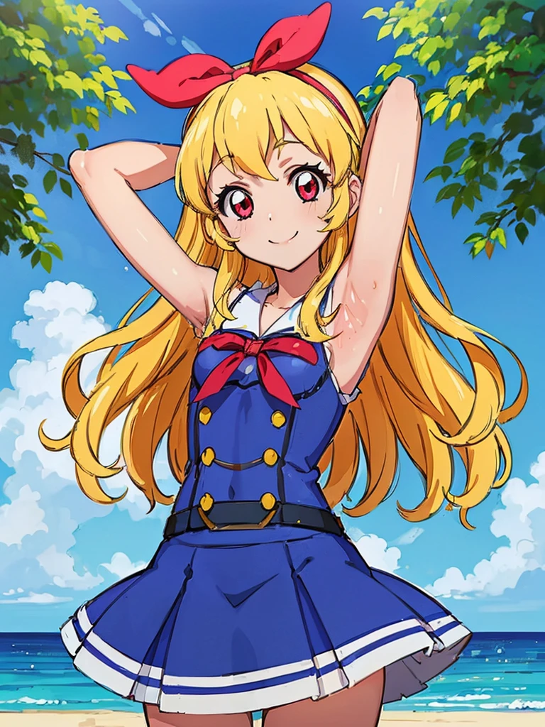 menma, (best quality, masterpiece, RAW photo,ultra-detailed:1.2), 1girl,solo,looking at viewer,smile,
 white sleeveless one-piece swimsuits,  show armpit, blue ribbon, nature, bust shot,lol_i,Ichigo Hoshimiya (Aikatsu!),nsfw,1girl,arms up,hands up,handcuffs