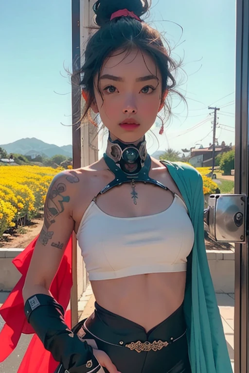"1 cyborg con tatuajes, pelo aterrador en primavera, traje acolchado, colores vibrantes y luminosos, crisp, cinematic style, profundidad de campo, capturing the essence of 35mm film, y un toque de pintura luminosa."