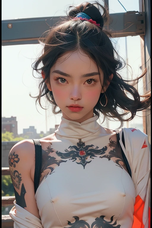 "1 cyborg con tatuajes, pelo aterrador en primavera, traje acolchado, colores vibrantes y luminosos, crisp, cinematic style, profundidad de campo, capturing the essence of 35mm film, y un toque de pintura luminosa."