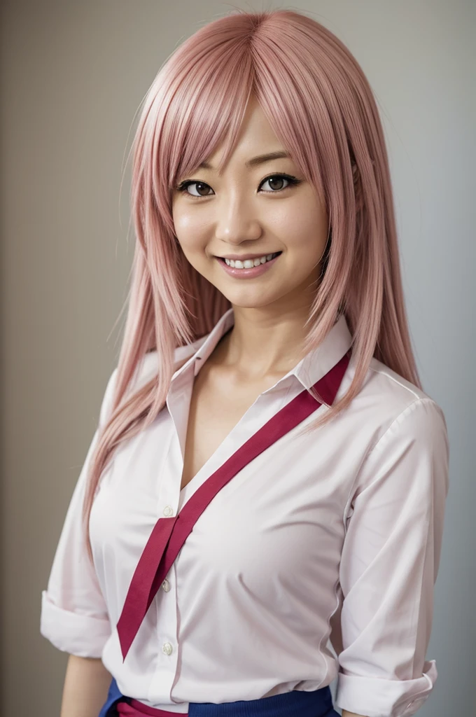 Chica anime con cabello largo y rubio con puntas rosadas y corbata roja en una camisa blanca, look anime de una linda chica, chica anime rubia con pelo largo, sonrisa alegre, hermosa chica de secundaria anime, mirada anime de una mujer joven, cara de anime extremadamente linda, mejor chica anime,  del anime llamado Boku no hero academia, sonrisa inteligente, Retrato anime de Shiina Ringo