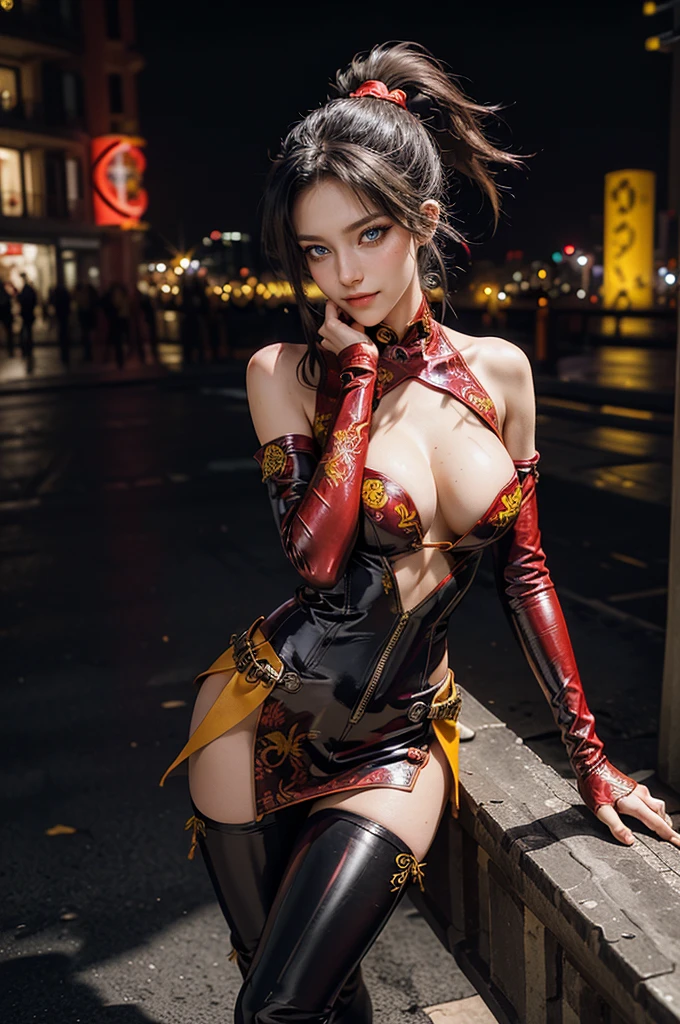 (RAW photo, best quality), Cute girl with short black hair, (ponytail), (city roof at night background), low light , dark eyeliner, happy smile, gorgeous face , super cute, 18 years old , young looking, hyper detailed face, dark eyeliner, (medium breast), (thin waist, super slender), (bare shoulders, (exposed hips), skintight and red PVC deep v dress with yellow dragon decoration and vivid patterns, deep black leather thigh high boots, red PVC arm sleeves with yellow flower decorations and vivid patterns, cleavage, ((both hands on waist)), one leg in front of the other
