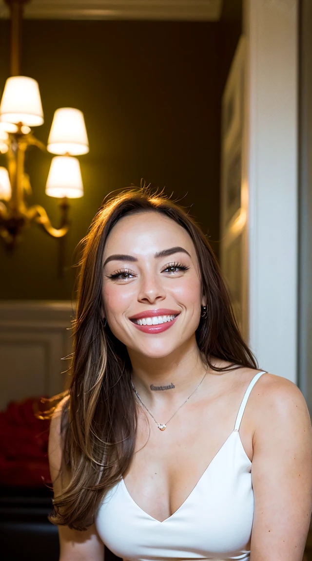 {A realistic photo representation of a 23 year old Argentinian girl, sonriendo radiante y disfrutando genuinamente de un momento de felicidad. Pose in a contemporary interior studio with professional lighting that accentuates her European features and happiness. The image must be a high-resolution photograph taken with a 50mm lens, con un plano medio que captura su elegancia, sonrisa radiante, and genuine joy. The lighting should create a warm and inviting atmosphere, and the resolution must be 4K. The image should convey the essence of high-end beauty and lifestyle photography, exudando sexualidad, felicidad y encanto.}