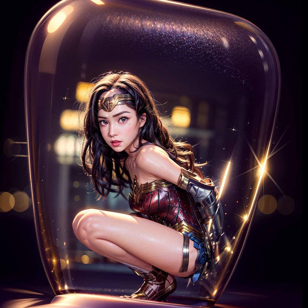 High-level, 8K Masterpiece TopQuality, Ultra-detailed CG, Absurd detailed wallpaper, PerfectLighting, Extremely detailed (((Personifying " Sexy Wonder Woman " as a KAWAII Girl))), Characteristic Items, aesthetic LifeLike Rendering, MysticSight, 
Haze Tyndall Scattering, (Studio GRAY Background with (Oodles Dazzling RainbowColorParticles (BokeH))), (((Assfocus)) RoundlyButts ThighGap),  (Exposed:0.9) NSFW 🔞  BREAK  (Acutance:0.8), (NOGIZAKA FaceVariations) Extremely Detailed very KAWAII FaceVariations, Childish CaptivatingGaze ElaboratePupils Detailed Eyes with (SparklingHighlights:1.28), (Voluminous LongEyelashes:0.88)、Glossy RedLips with beautiful details, CoquettishTongue, RosyCheeks, Radiant PearlSkin with Transparency, Glowing DowneyHair . { (Dynamic LifeLike expressions:1.4) | (:d) }, (large eyes:-1) .(Sitting in Square container)