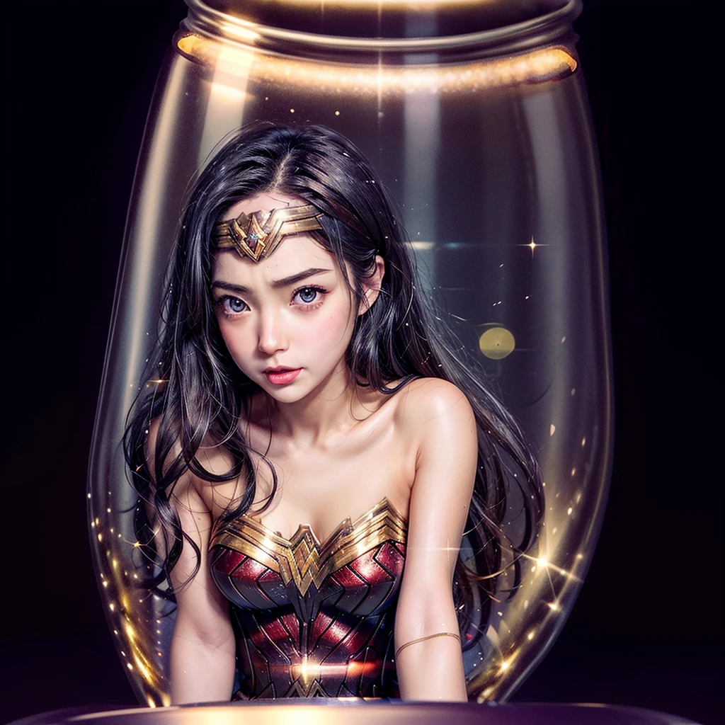 High-level, 8K Masterpiece TopQuality, Ultra-detailed CG, Absurd detailed wallpaper, PerfectLighting, Extremely detailed (((Personifying " Sexy Wonder Woman " as a KAWAII Girl))), Characteristic Items, aesthetic LifeLike Rendering, MysticSight,
Haze Tyndall Scattering, (Studio GRAY Background with (Oodles Dazzling RainbowColorParticles (BokeH))), (((Assfocus)) RoundlyButts ThighGap), (Exposed:0.9) NSFW 🔞 BREAK (Acutance:0.8), (NOGIZAKA FaceVariations) Extremely Detailed very KAWAII FaceVariations, Childish CaptivatingGaze ElaboratePupils Detailed Eyes with (SparklingHighlights:1.28), (Voluminous LongEyelashes:0.88)、Glossy RedLips with beautiful details, CoquettishTongue, RosyCheeks, Radiant PearlSkin with Transparency, Glowing DowneyHair . { (Dynamic LifeLike expressions:1.4) | (:d) }, (large eyes:-1) .(Sitting in Square container)