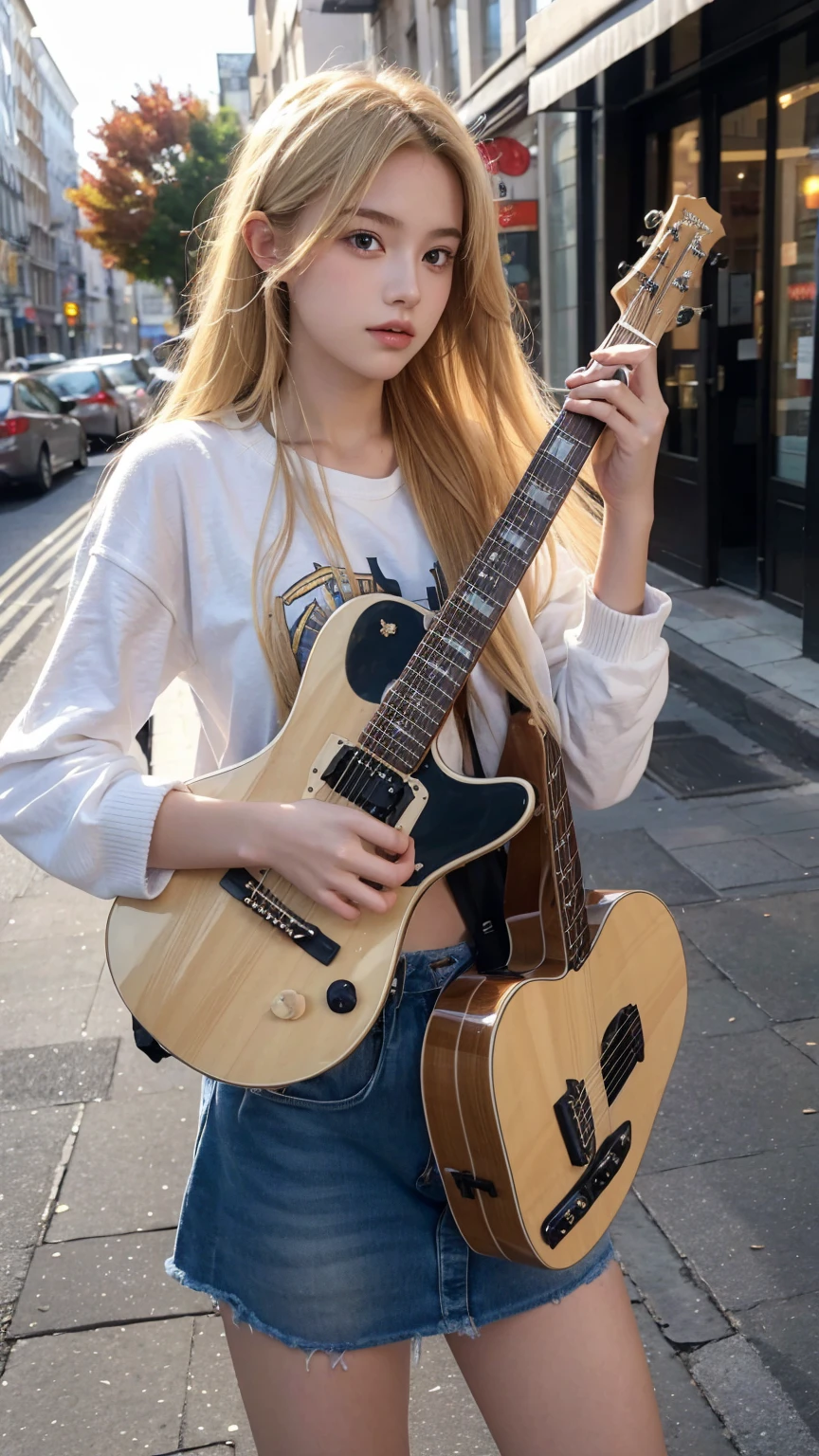 "Create a high-resolution image of a age British girl with long blonde hair, holding a guitar in a city street."