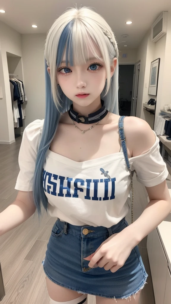 masterpiece, best quality, highly detailed,1girl,indoors, adult, split-color hair, yellow and Blue hair, Narrow, sharp eyes、, clothes, blue eyes、From head to toe、mini skirt、