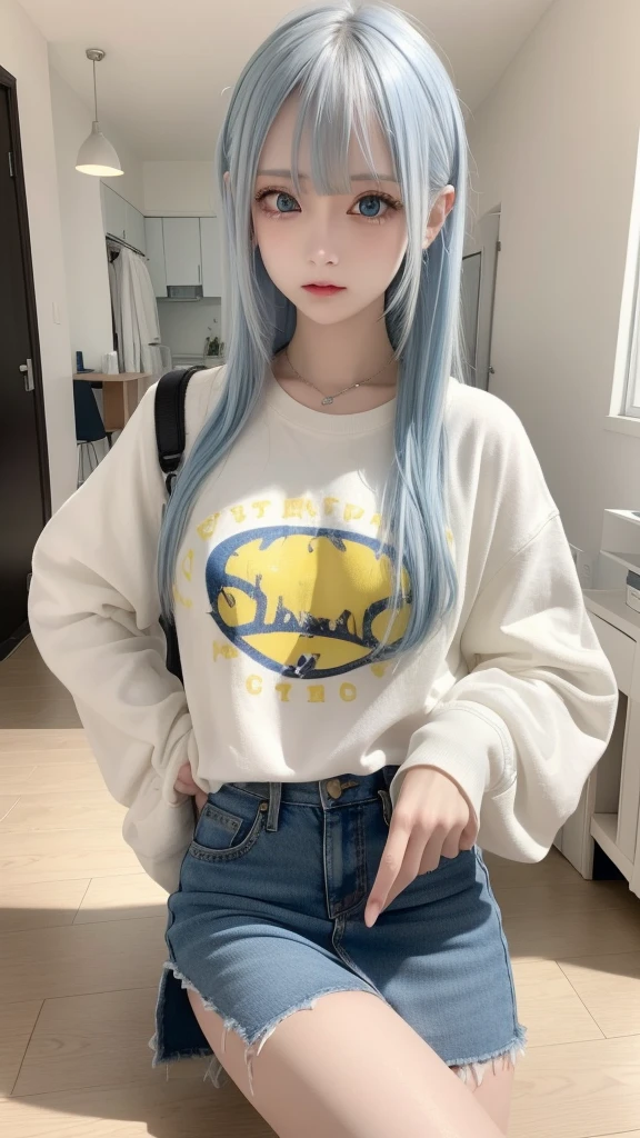 masterpiece, best quality, highly detailed,1girl,indoors, adult, split-color hair, yellow and Blue hair, Narrow, sharp eyes、, clothes, blue eyes、From head to toe、mini skirt、