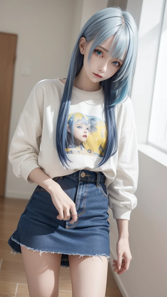 masterpiece, best quality, highly detailed,1girl,indoors, adult, split-color hair, yellow and Blue hair, Narrow, sharp eyes、, clothes, blue eyes、From head to toe、mini skirt、