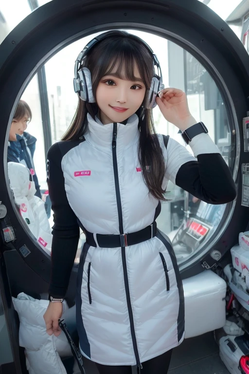 masterpiece, Highest quality, Very detailed, 8K Portrait,Japanese Android Girl,plump , Control panel,Robotic arms and legs, Blunt bangs,,break (Metallic Gray, Metallic luster, Mirror finish, Astro Best):5,headphone:5,break (Black sleeves):100,Smart Watches,Futuristic space station,Control Room,break headphone,blue eyes,(Black Hair):2,(Long Hair):1.3,Displaying the viewer,(respirator),break blush:3,Hidden Hand,smile