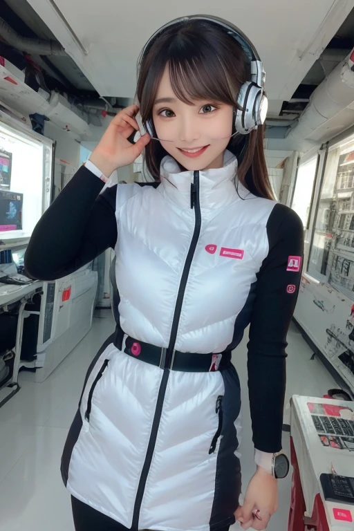 masterpiece, Highest quality, Very detailed, 8K Portrait,Japanese Android Girl,plump , Control panel,Robotic arms and legs, Blunt bangs,,break (Metallic Gray, Metallic luster, Mirror finish, Astro Best):5,headphone:5,break (Black sleeves):100,Smart Watches,Futuristic space station,Control Room,break headphone,blue eyes,(Black Hair):2,(Long Hair):1.3,Displaying the viewer,(respirator),break blush:3,Hidden Hand,smile
