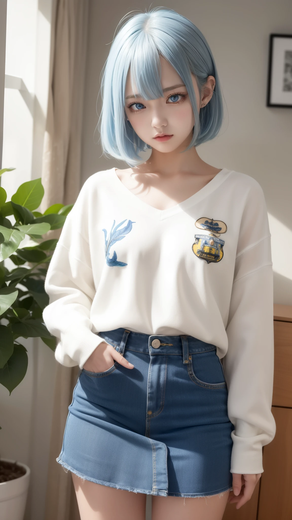 masterpiece, best quality, highly detailed,1girl,indoors, adult, split-color hair, yellow and Blue hair, Narrow, sharp eyes、, clothes, blue eyes、From head to toe、mini skirt、