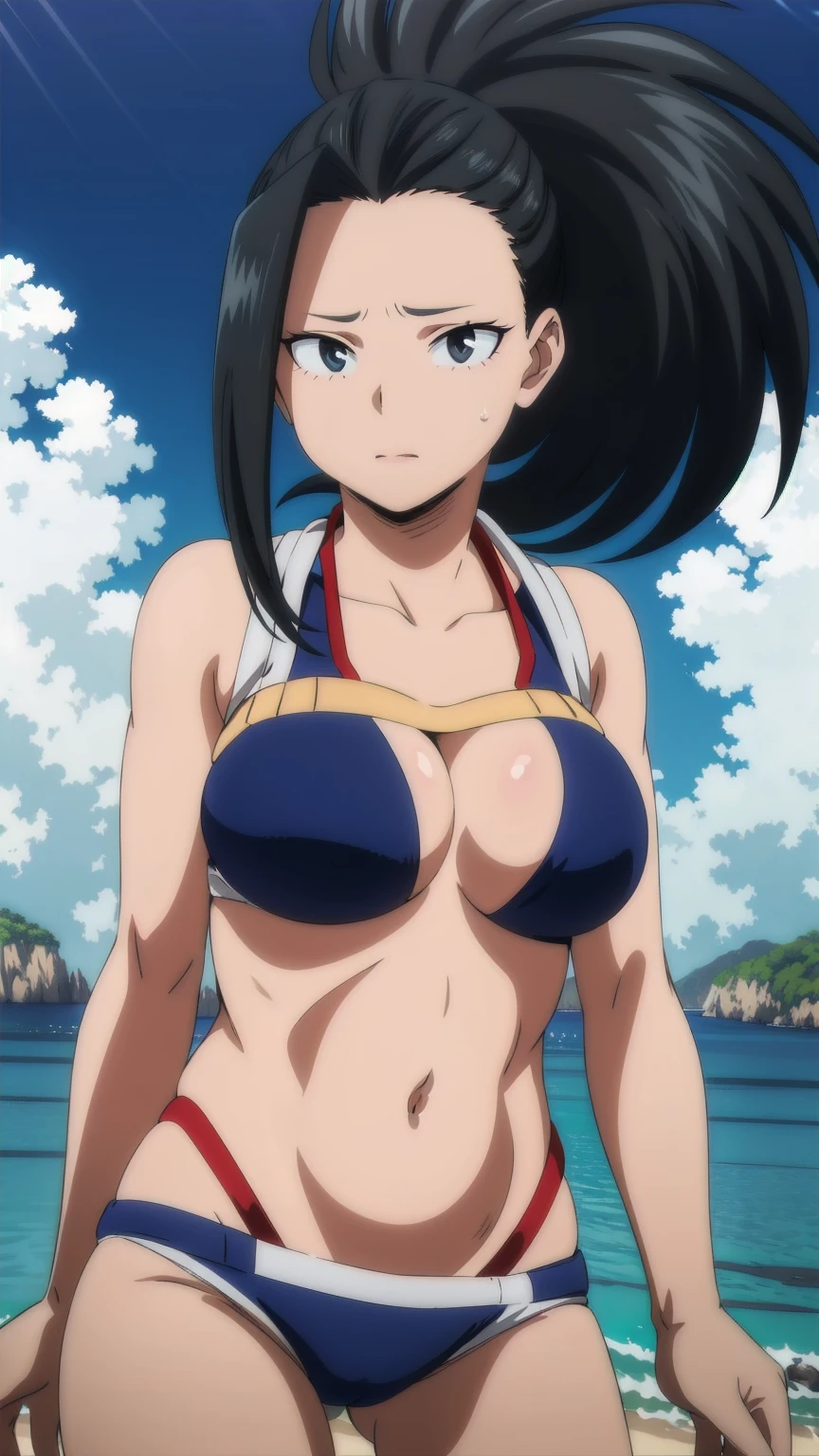 Highest quality, High resolution, One Girl, yaoyorozu momo, Black Hair, ponytail, Pulling the hair back, Iris, 
A sexy look for the camera, looking at the viewer, blue theme, blue background, cloudy sky, sunlight, sweat, orgasmic, bikini swimsuit, large breasts, cleavage, belly button exposed, collarbone, thighs, sea and beach,