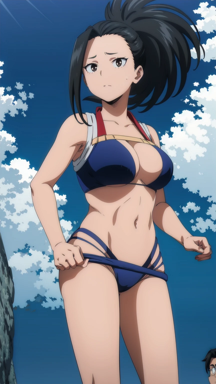 Highest quality, High resolution, One Girl, yaoyorozu momo, Black Hair, ponytail, Pulling the hair back, Iris,
A sexy look for the camera, looking at the viewer, blue theme, blue background, cloudy sky, sunlight, sweat, orgasmic, bikini swimsuit, large breasts, cleavage, belly button exposed, collarbone, thighs, sea and beach,