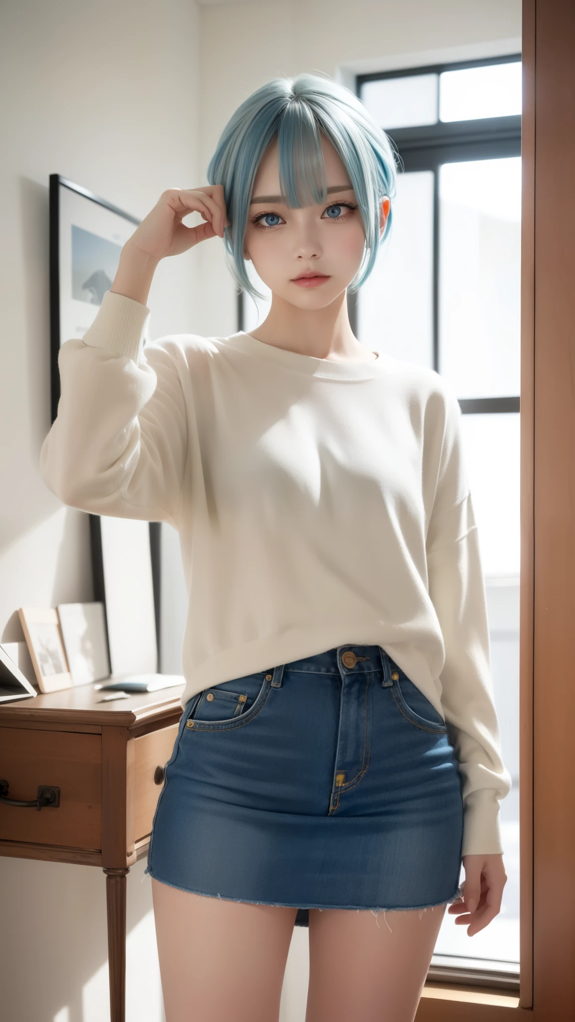 masterpiece, best quality, highly detailed,1girl,indoors, adult, split-color hair, yellow and Blue hair, Narrow, sharp eyes、, clothes, blue eyes、From head to toe、mini skirt、