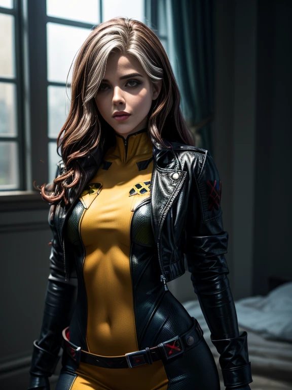Emily Bett Rickardasterpiece、High quality 4K、villain (X-Men)、Gothic Girl、Sculpted Body Gothic Makeup、Black jacket、Red and blue bodysuit、masterpiece、Highest quality、Cowboy Shots、One personの女の子、One person、Technology Military Bodysuit、fringe