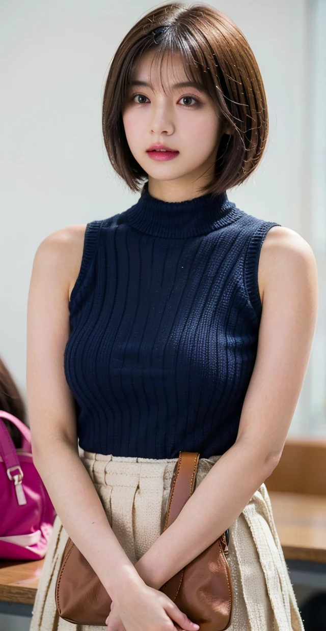 Highest quality, shape, Very detailed, finely, High resolution, 8k wallpaper, 完璧なダイナミックな構shape, Beautiful and exquisite, Natural Lip, whole body, front,Shyness、Embarrassed expression、Large Breasts、Slightly sagging breasts、Bob Cut Hair、University classroom、Pleated skirt、((looking at the camera))、Brown Hair、sweater、(((1 crossbody bag)))、ノースリーブsweater,strap between breasts, shoulder strap passes between the breasts, bag,