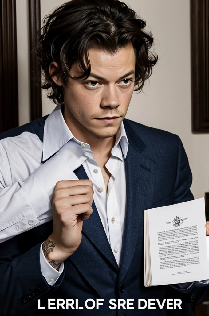 Podrias generar una portada para libro donde Harry styles interpreta el papel de un ser demoniaco, who made a deal with a man to save his company 