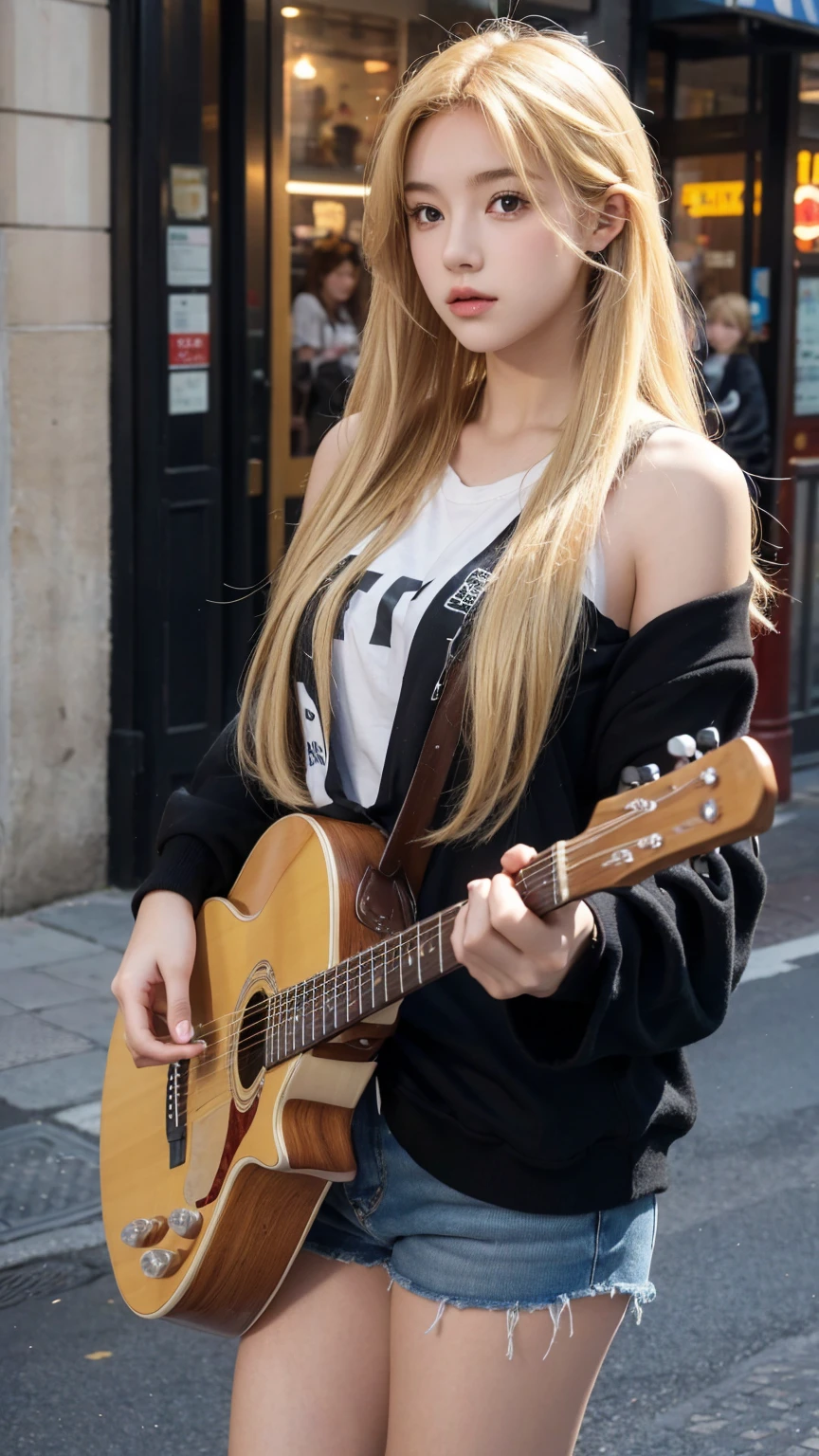 "Create a high-resolution image of a teenage British girl with long blonde hair, holding a guitar in a city street."