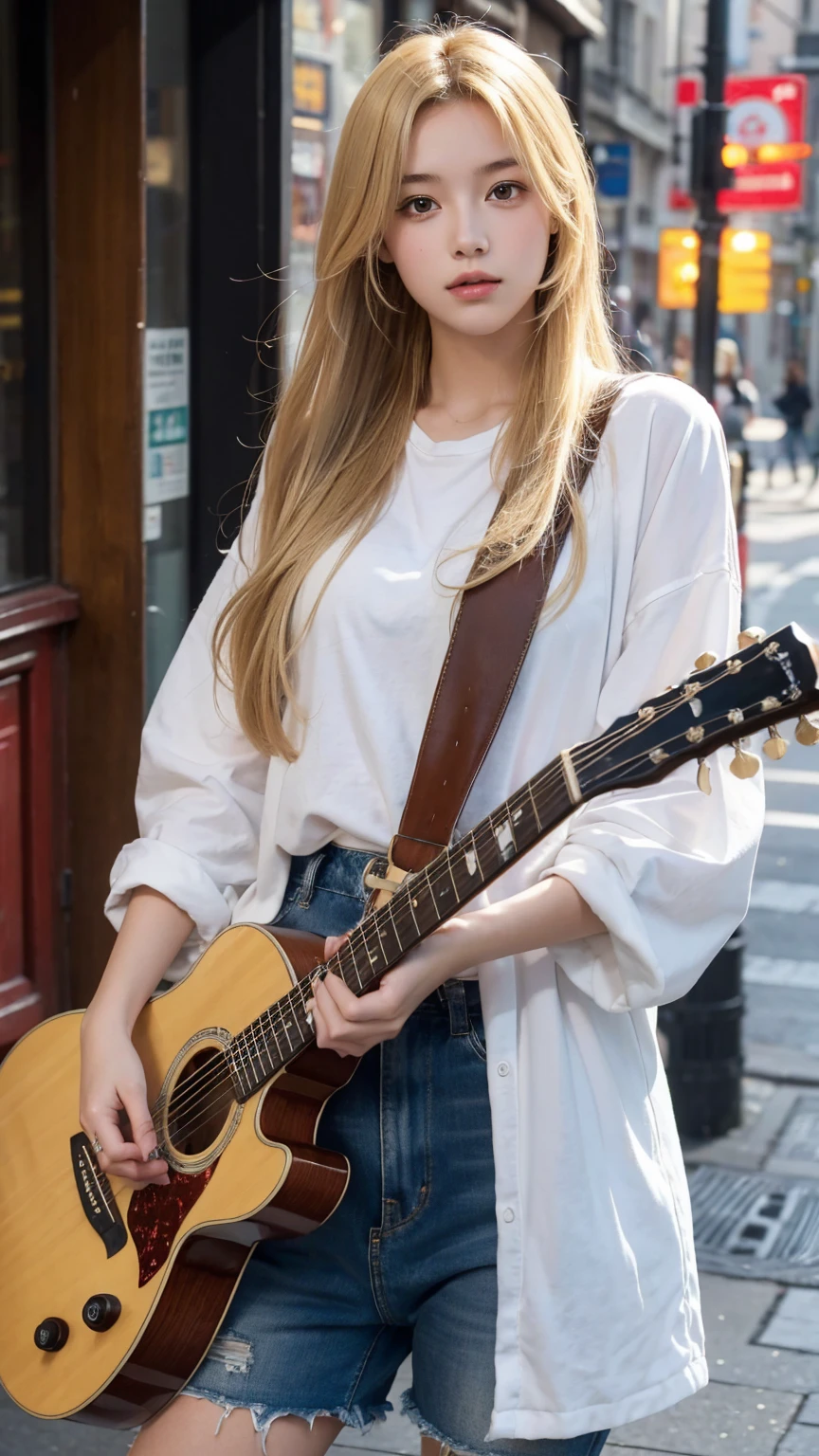 "Create a high-resolution image of a teenage British girl with long blonde hair, holding a guitar in a city street."