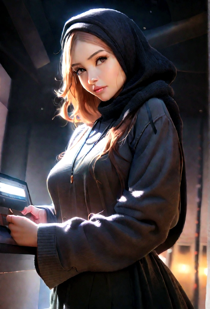 (RAW photo, best quality), (macro shot photography)., (repic ealistic, photo-realistic:1.3), HIJAB OUTFITS DRESS, Hoodie, best quality of Hijab Girl, Full Hijab Dress, highly detailed Hijab, masterpiece, ultra-detailed, 1girl, upper_body, dynamic angle, world masterpiece hijabi, messy_long_hair, best qua, extremely detailed CG unity 8k wallpaper, ink, Amazing, cinematic lighting,
