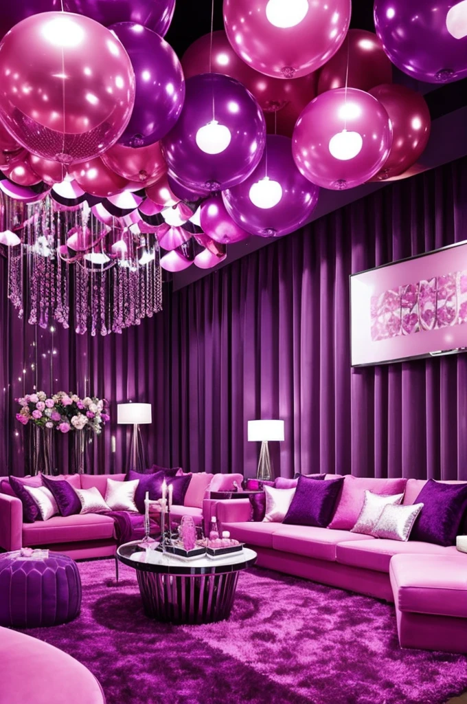 Create a party atmosphere with pink and purple tones
