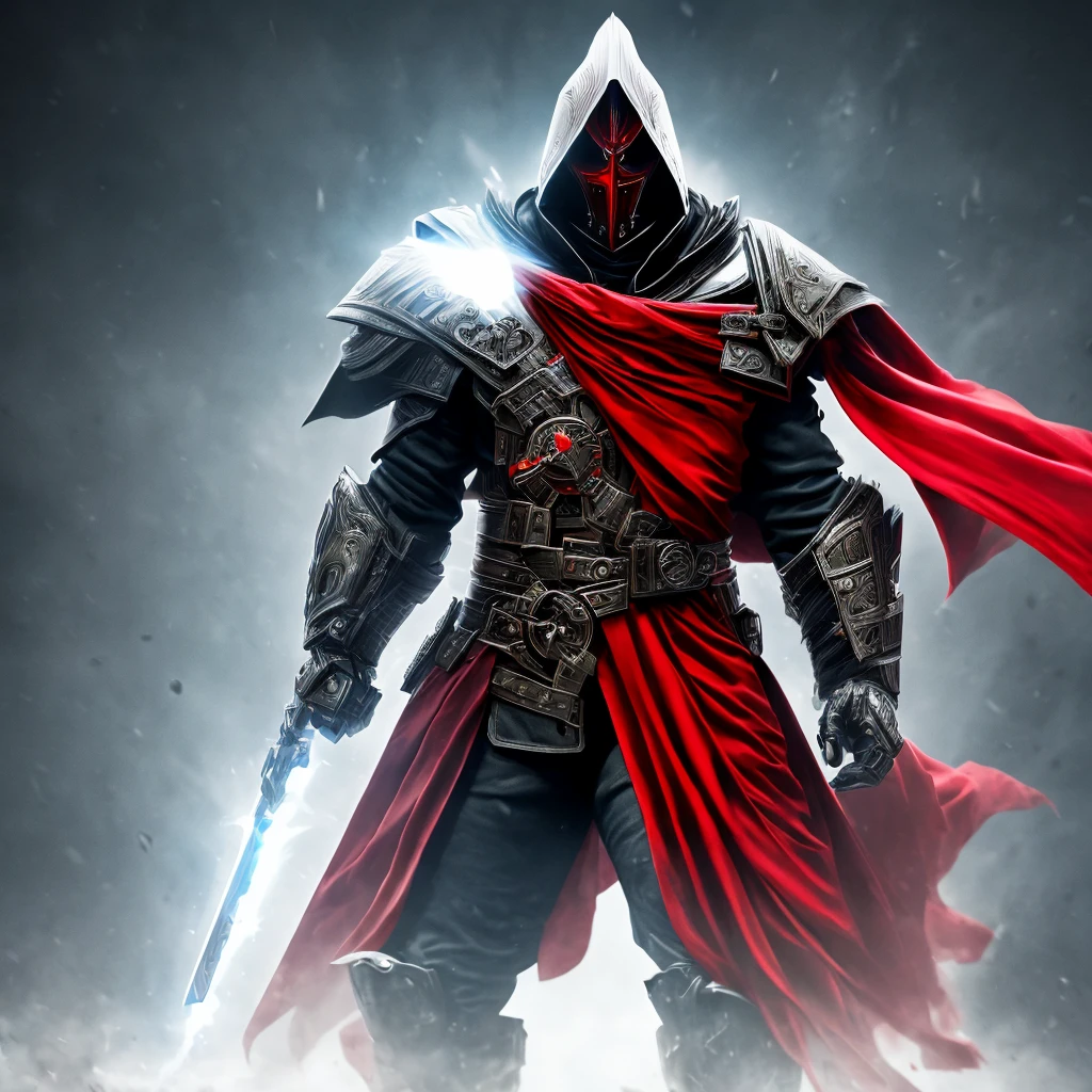 A sad man, machine, mechanized, red cloak with white edges, somke mask, blue eyes, mechanical arms, 