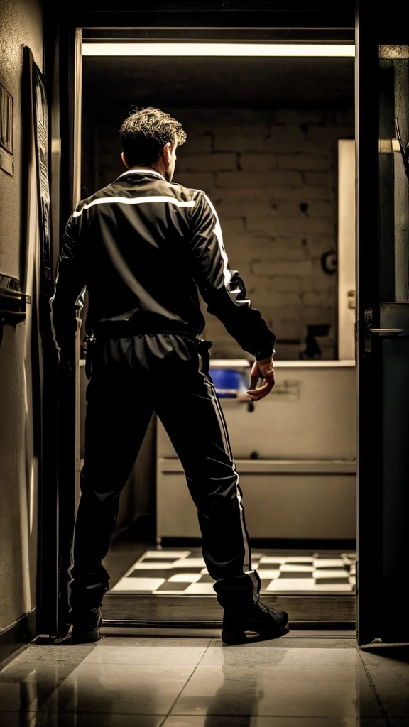 crie pizzaria do five nights at freddy's dentro da pizzaria.in the broker this broker the floor is in black and white checkerboard and the wall is clear and more or less in the middle is the wall there is a black and white stripe in the broker there is a man he wears a purple safety suit he turns his back on his hand has a knife. there is senque in the knife and in the man there is a lot of senque he is laughing. on the floor there is a path leading to a door at the end of the corridor man is in the odra hand he is holding a hand in front of him he has a body the body looks like and chops in horror style
